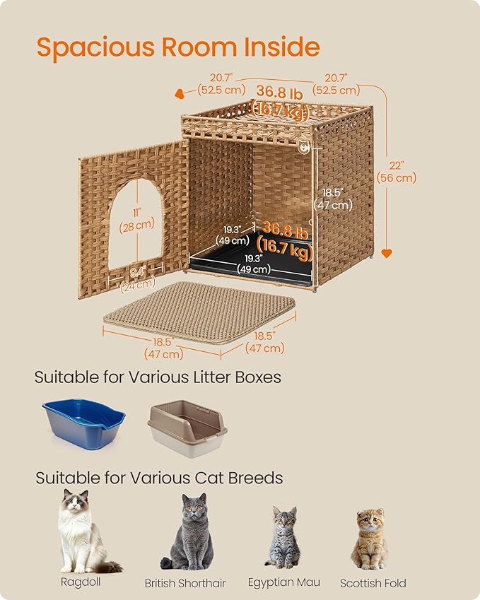 Feandrea Cat Litter Box Enclosure, Handwoven Rattan Hidden Litter Box Furniture