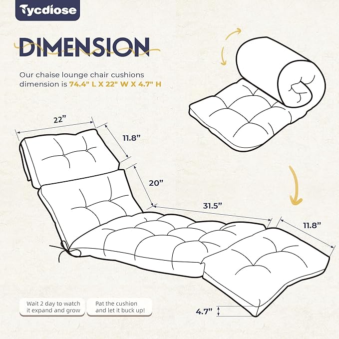Waterproof Chaise Lounge Chair Cushions Outdoor 74.4 x 22 x 4.7 Inches Memory