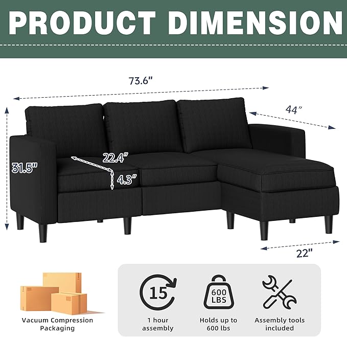 SUNLEI L-Shaped Sectional Sofa, Sectional Couches