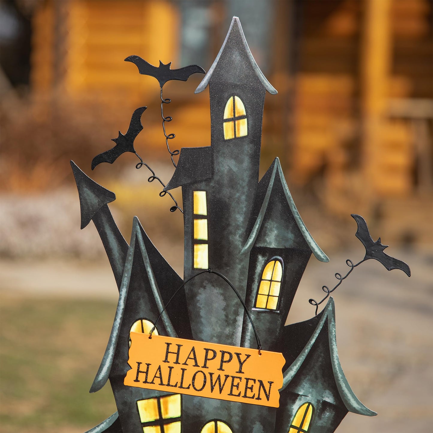 Glitzhome 32" H Halloween Metal Haunted House Yard Stake/Hanging Decor,Halloween Pumpkin Bats Ghost Garden Yard Sign for Lawn Decorations Outdoor Garden Halloween Party Decor