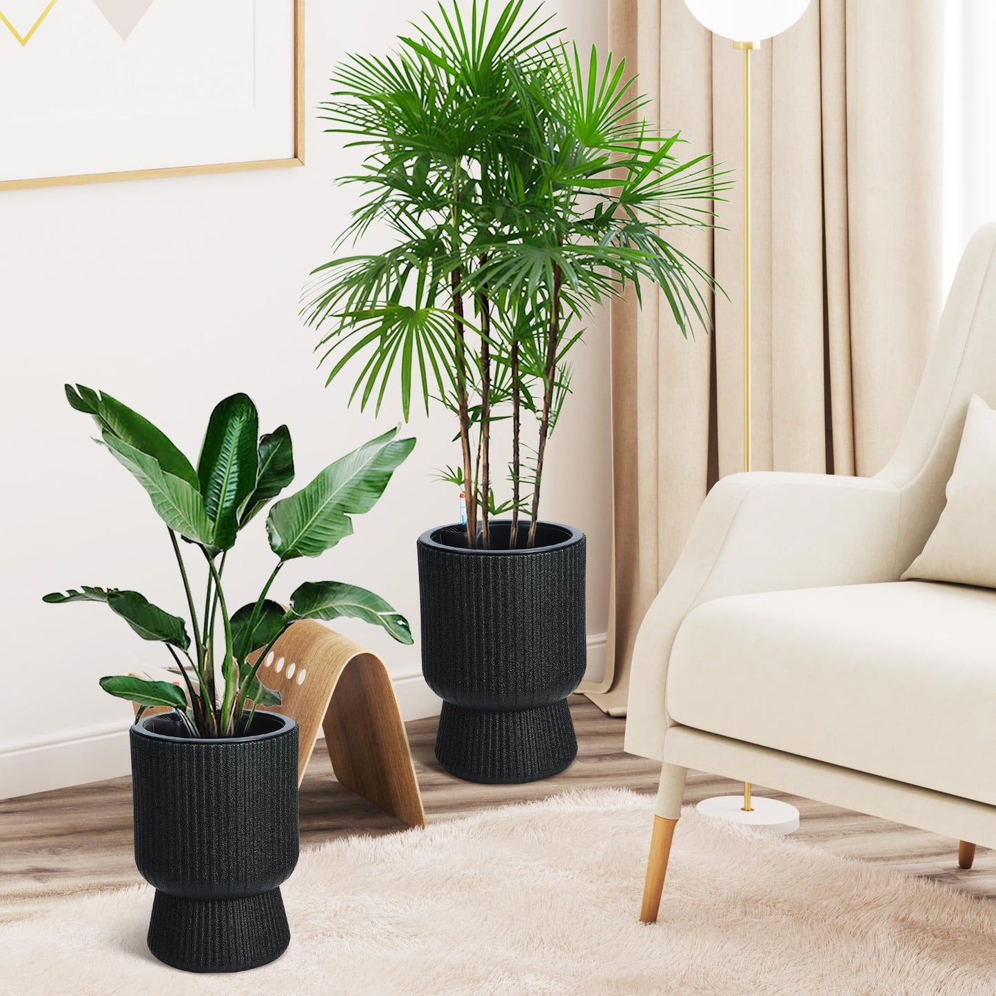 GarveeLife 14.2 in Planters Set of 2, Outdoor＆Indoor Black Planter Pots, Planter Pots with Inner Bucket and Water Level Monitor, for Patio, Porch, Living Room, or Home Office, Classic Black