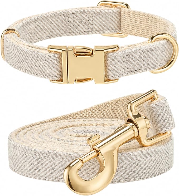 Herringbone Tweed Dog Collar and Leash Set for Medium Dogs, Gray | Snag-free, no-rub design. Soft breathable cotton, gentle on fur. Adjustable durable matching combo for walks & outdoors.