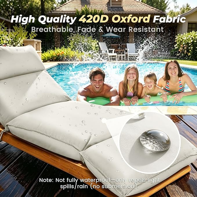 Outdoor Chaise Lounge Chair Cushion, Waterproof Non-Slip Patio Chaise Lounge