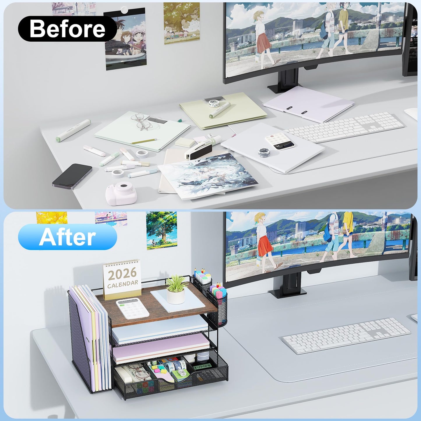 gianotter Desk Organizers and Accessories with File Holder, 4-Tier Desk Accessories & Workspace Organizers with Drawer and 2 Pen Holder, Paper Organizer for Office Supplies (Wood)