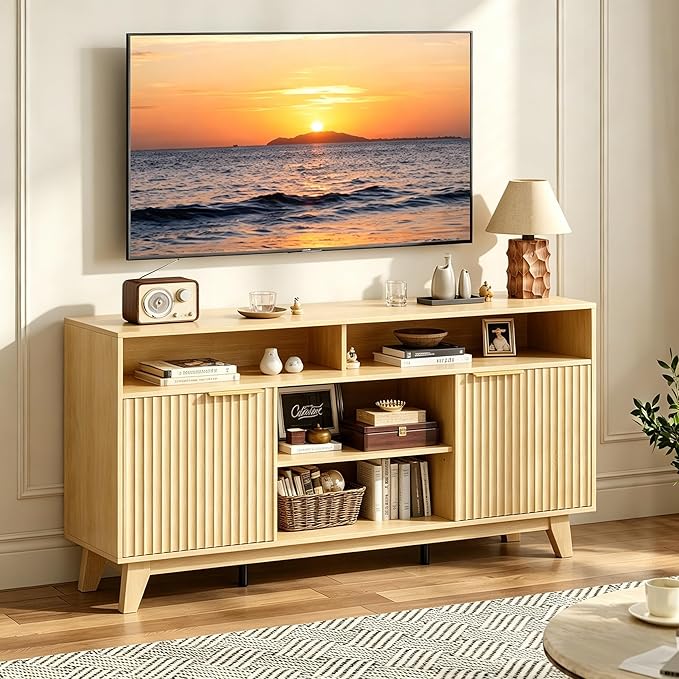 VINGLI Boho Fluted TV Stand for 70 Inch TV, Tall Wooden TV Console