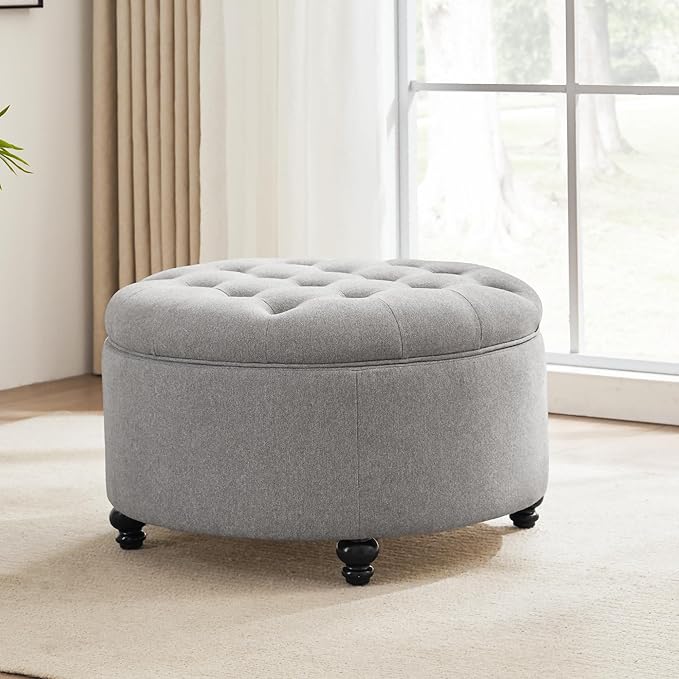 HUIMO 30-Inch Round Storage Ottoman, Modern Button Tufted Coffee Table