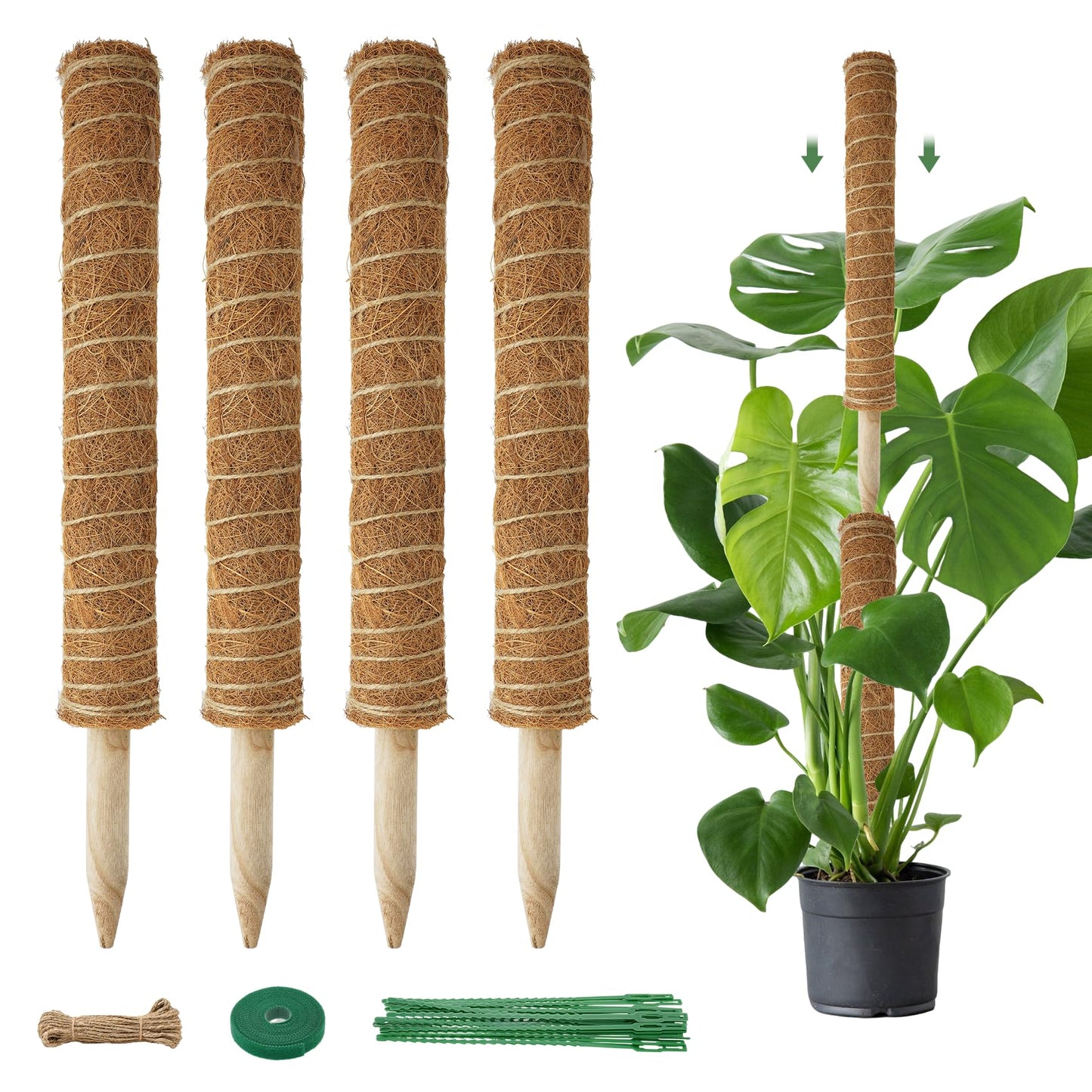 Moss Pole for Plants Indoor - 4 Pack Plant Supports for Climbing Plants to Grow Upright - 16 inch Stackable Moss Sticks Coir Totem Pole Plant Support for Monstera Pothos Philodendrons Potted Plants