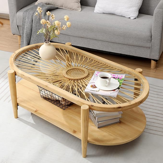 RUSTOWN Rattan Coffee Tables, 2-Tier Oval Boho Cocktail Tables, Mid Century