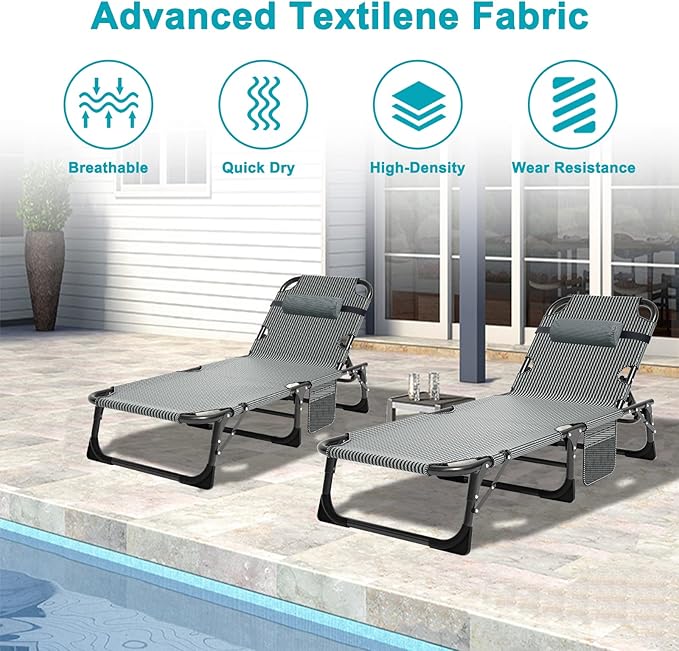 ABORON 2PK Heavy Duty Tanning Chair, 5-Gear Outdoor Folding Chaise Lounge Chair