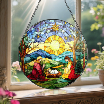 LAOWEIKI 8'' Stained Glass Suncatcher Decor, Window Hanging, Nativity Scene Ornament, Religious Christmas Ornaments, Christian Holiday Decor, Gifts for Christmas, Christian Gift, Religious Gift