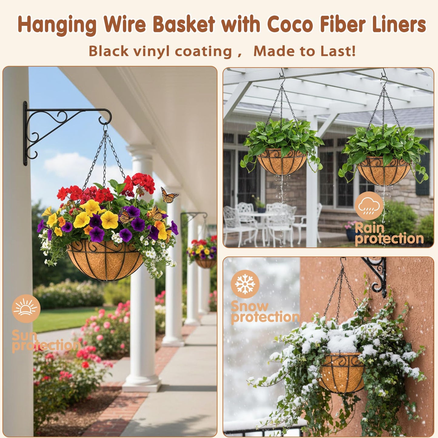 10 inch Metal Hanging Baskets For Plants Outdoor 4 Pack Round Metal Wire Hanging Basket Planter with Coco Fiber Liners Chain Round Wire Plant Holder for Garden, Patio, Deck, Porch Plants Flower Potsss