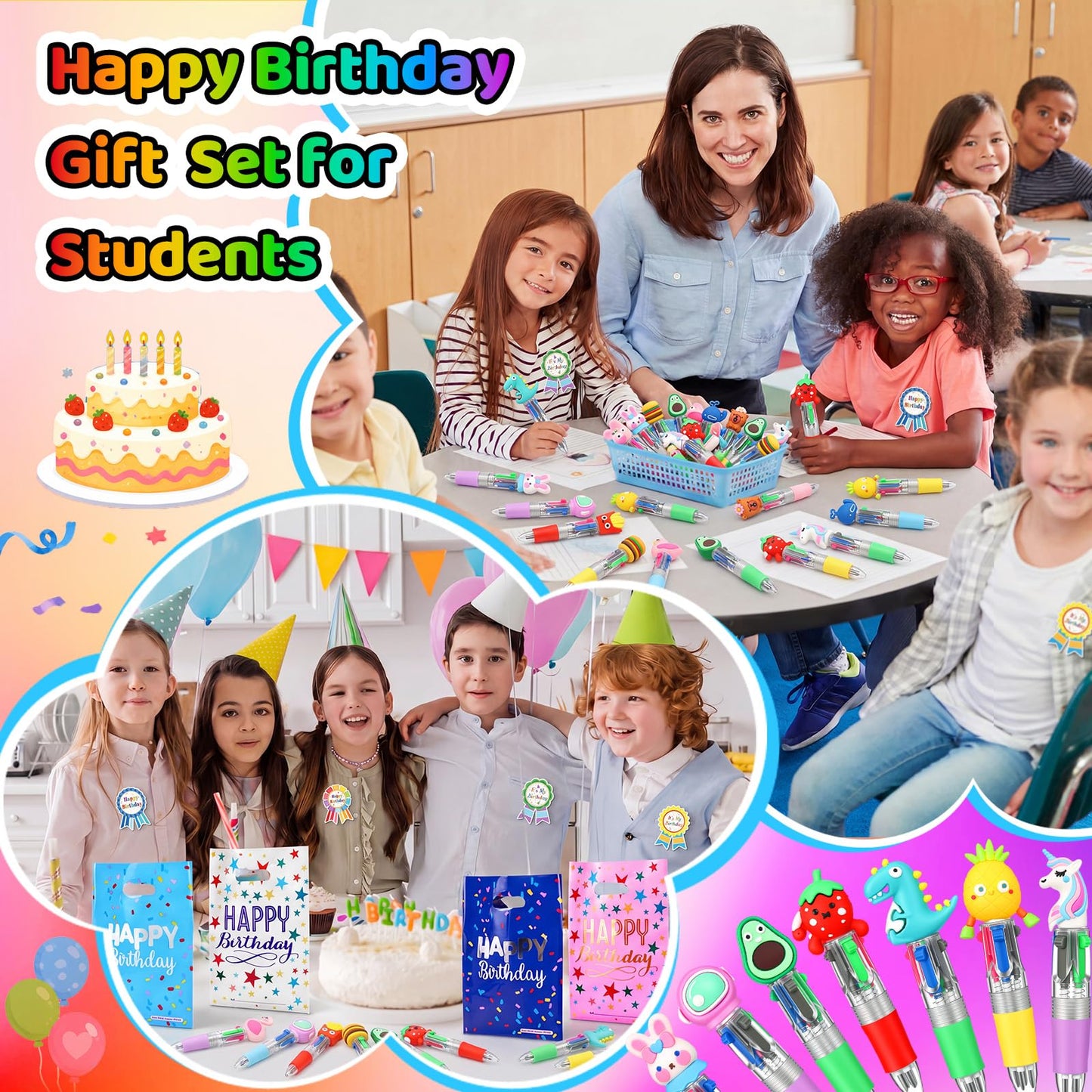 Marspark 48 Pcs Birthday Gifts Party Favors Set Goodie Bag with Multicolor Pen Badge Sticker Silicone Wristband Birthday Gifts Reward from Teacher for Happy Fete Day Party Supplies
