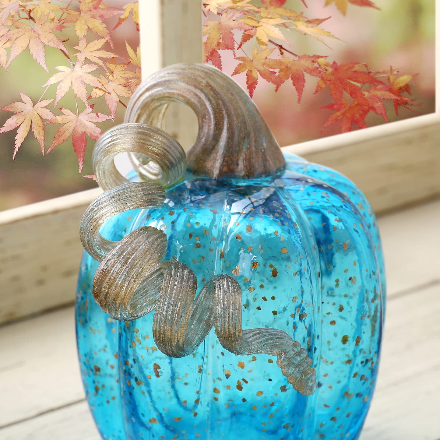 Glitzhome Hand Blown Glass Pumpkin Decor 6" Blue - Artisan Fall Table Centerpiece for Thanksgiving Harvest Home Decor Halloween Displays