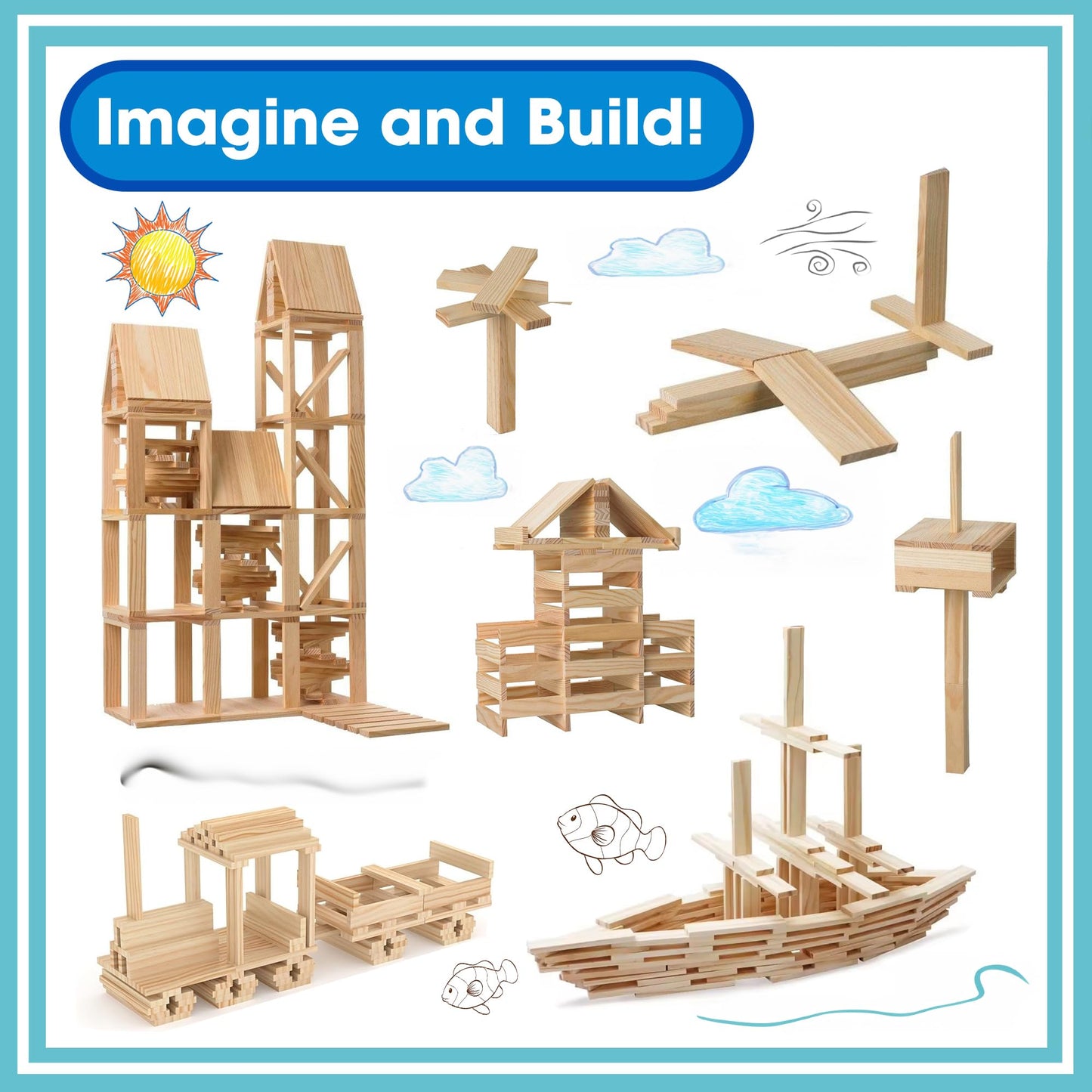 Play Build Wooden Building Blocks Set - 200-Piece Plank Block Construction Toys, STEM Educational Wood Toy for Kids and Toddlers
