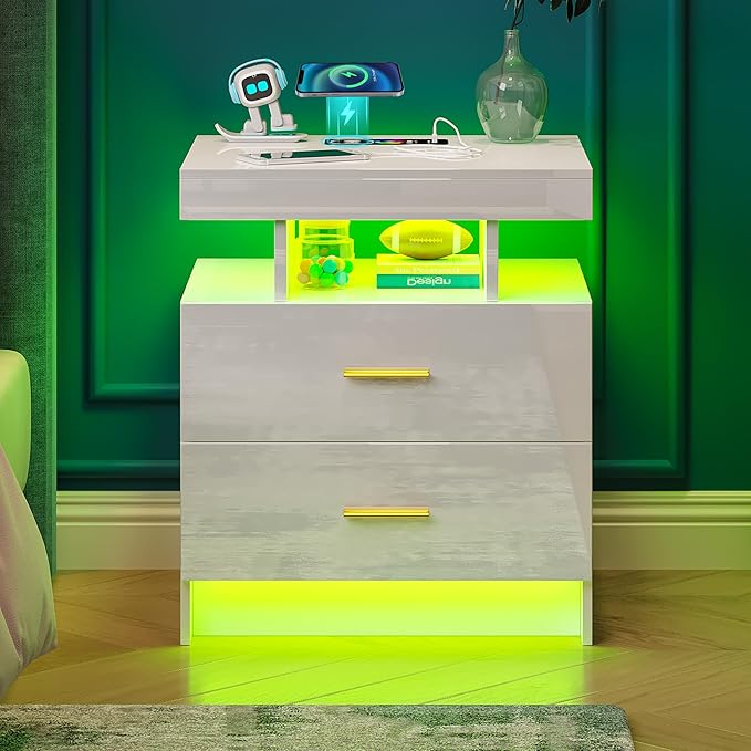 WOOVIVS Night Stand with Light, High Gloss Nightstand with USB/Wireless