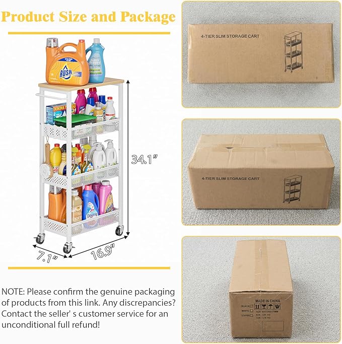 OKZEST Utility Slim Storage Cart, 4 Tier Small Rolling Kitchen Laundry Room Cart