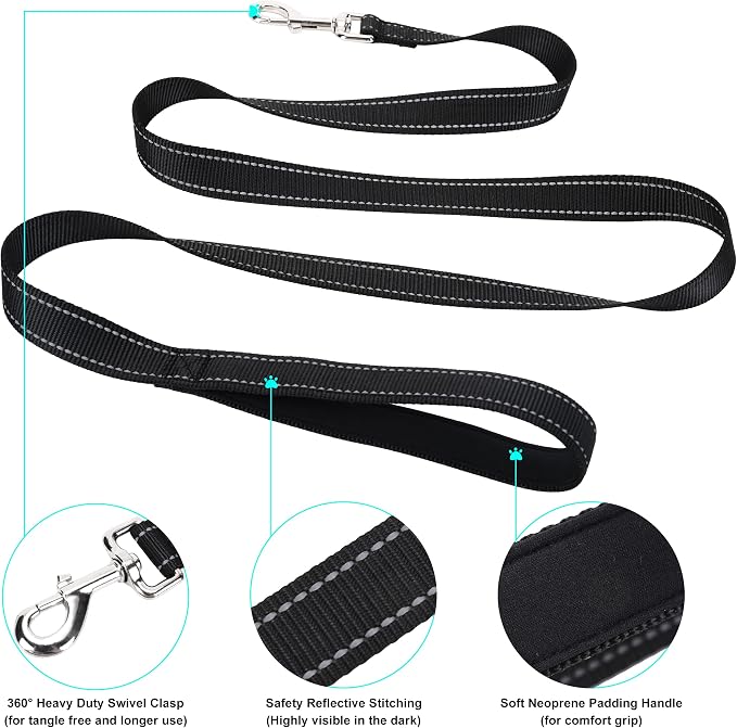 Soft Neoprene Padded Dog Collar and Leash Set for Small Medium Large Dogs, Reflective Durable Nylon Dog Collar with 5ft Leash Easy for Walking, Black,Neck fit 10.5-15.5’’