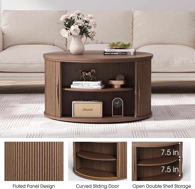 JOINICE 31.5" Round Lift Top Coffee Table, Mid Century Modern Walnut Center