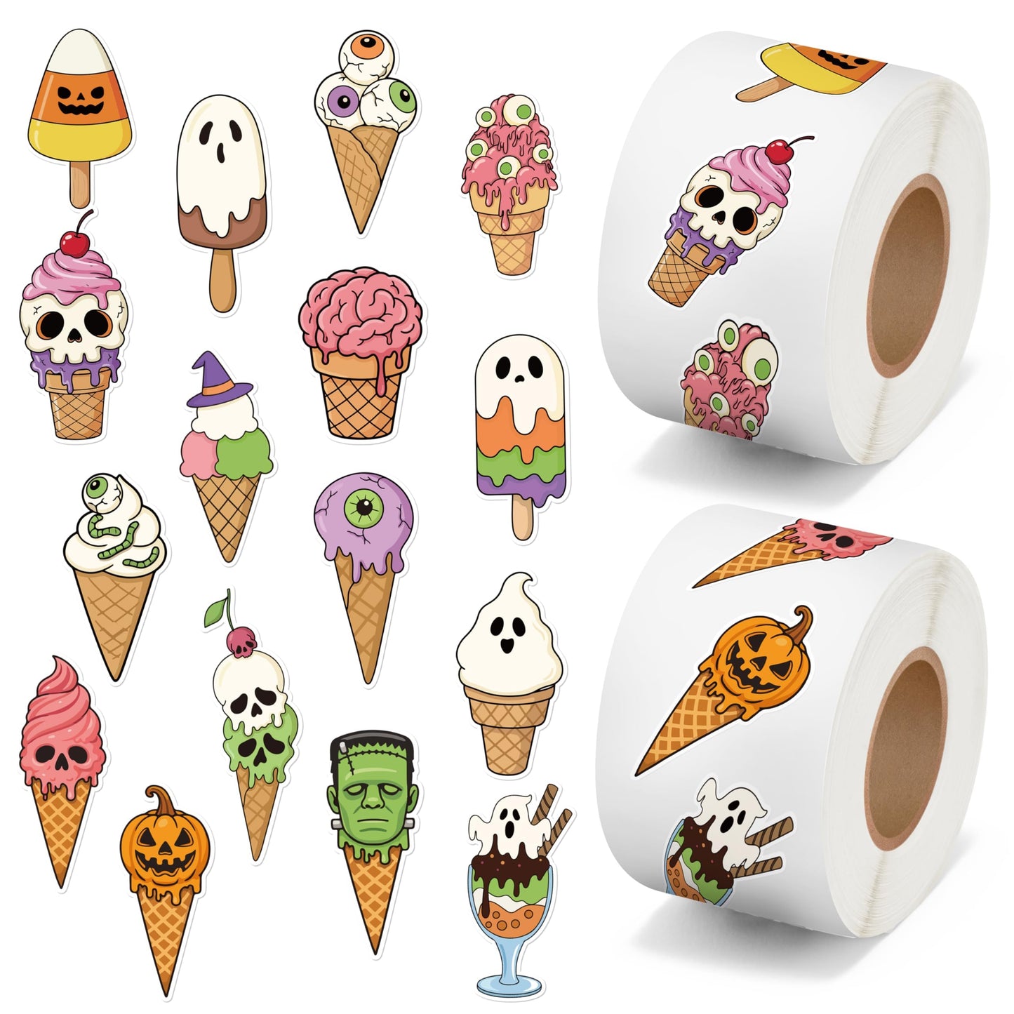 5wsech Spooky Ice Cream Roll Stickers for Kids- 1000Pcs Hawaii Fantasy Skull Vinyl Decals, Cute Halloween in Summer Ghost Decorative Stickers for Students Rewards Party Birthday Gifts Laptop Guitar