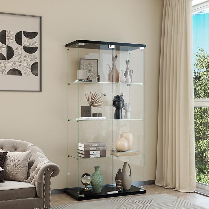 Display Cabinet with Glass Door and Lock, 4-Shelf Curio Cabinets with 5mm