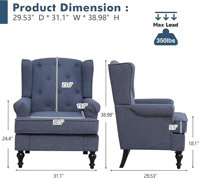 Accent Chair for Living Room, Mid Century Modern Upholstered Armchair, Wingback