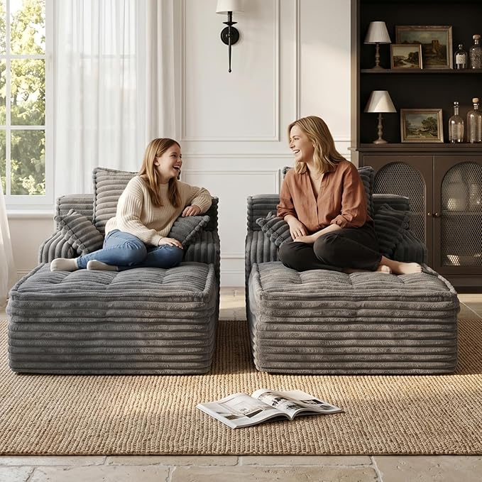 Boneless Chaise Lounge Couch Indoor, Small Corduroy Upholstered Sleeper Sofa