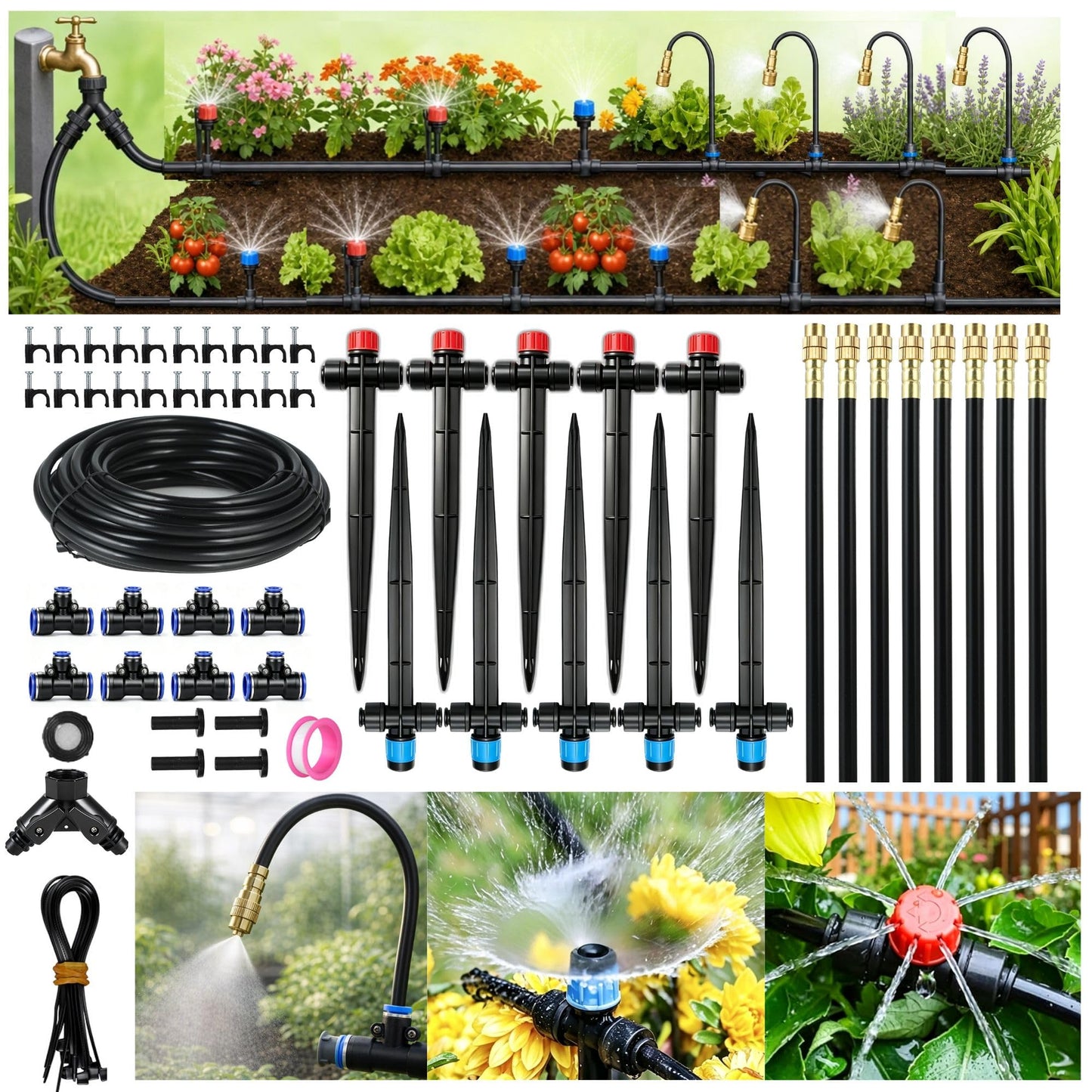 120FT Drip Irrigation System for Garden: Quick Connect 1/4" PE Tubing 18Pcs Automatic Water Sprinkler Kit Adjustable Misting Part Watering Hose, Outdoor Raised Bed Plants Flower Yard Greenhouse