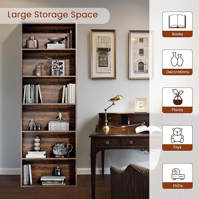 GRUSIGN 71" Tall 6-Tier Bookshelf, Large Open Display Bookcase