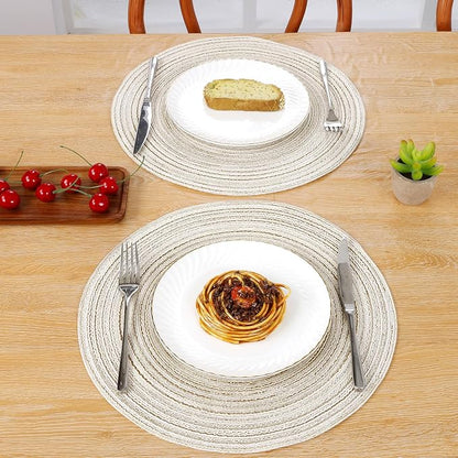 SHACOS Round Placemats Set of 6 Braided Circle Place Mat Washable 15 inch Table Mats for Kitchen Dining Table Decor Mixed Color (Ivory, 6)