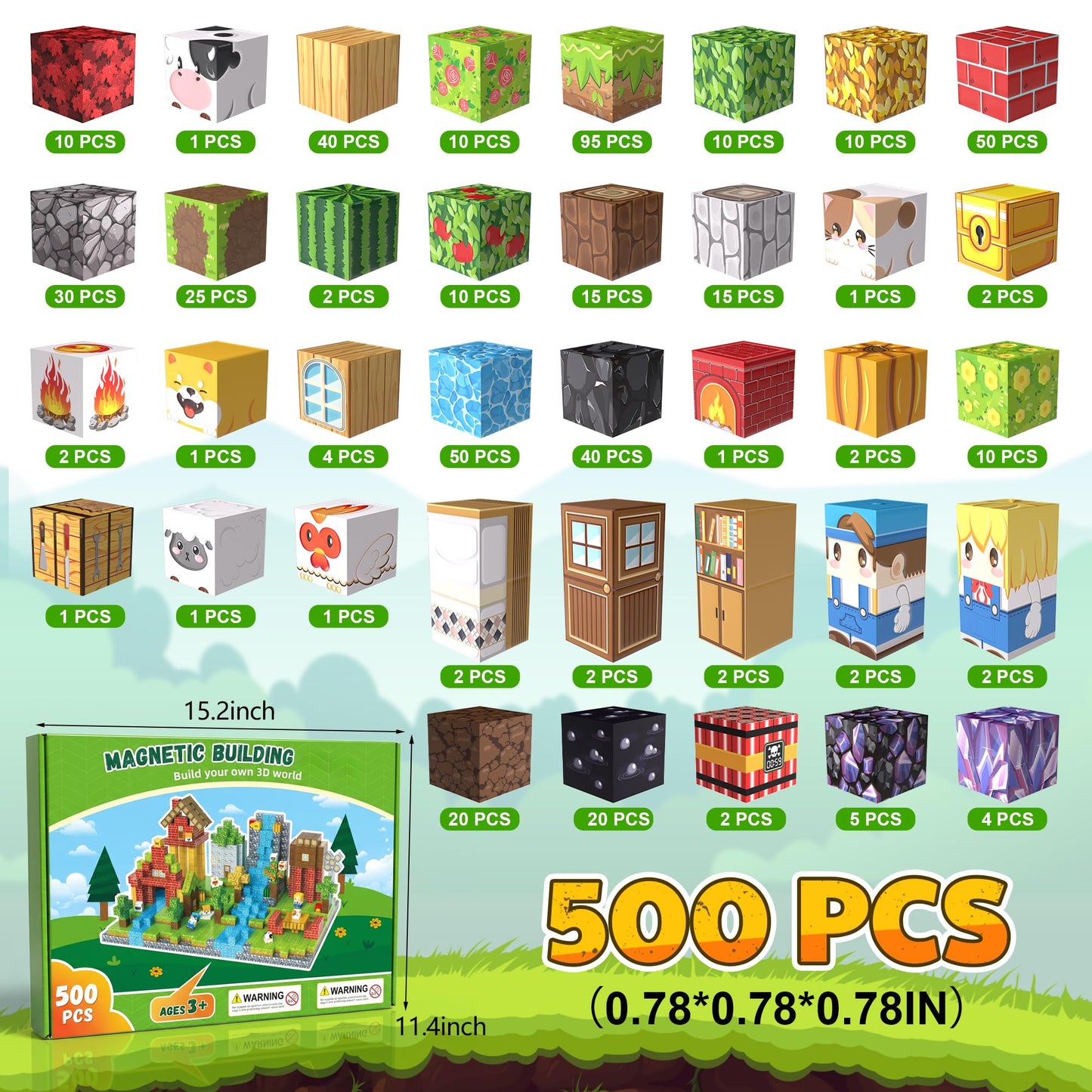 Fitrobust 500PCS Magnetic Blocks, Magnetic Building Blocks, 0.98in Magnetic Building, STEM Game Stacking Toys for Kids, Birthday Gifts for Boys and Girls Age 3+ Years Old