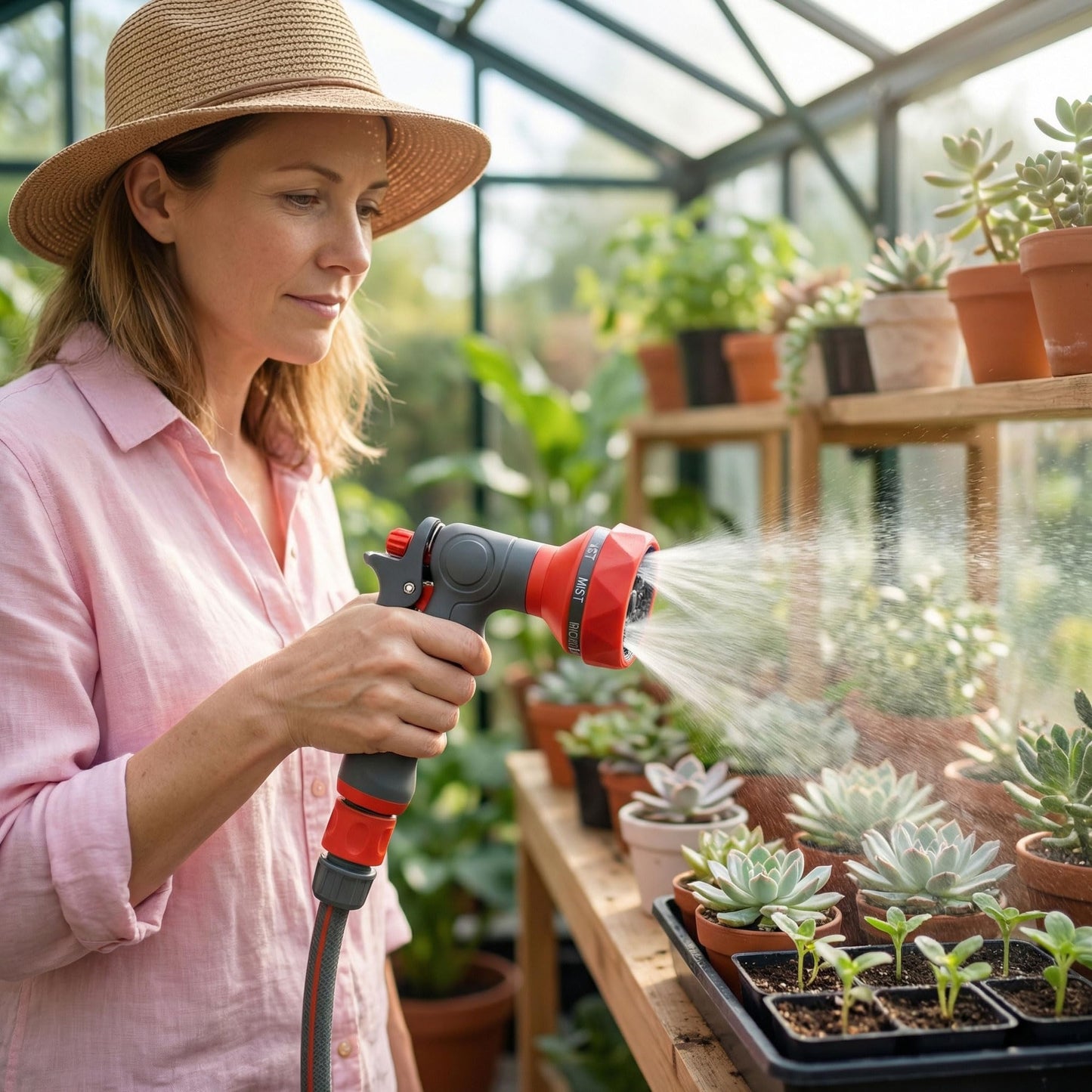 FXFOUCS Garden Hose Nozzle Sprayer-This High Heavy-Duty Spray Nozzle Offer 9 Watering Patterns for Watering Plants,Lawns &Gardens,Washing Cars,Household Cleaning and Showering Pets (Orange-grey)