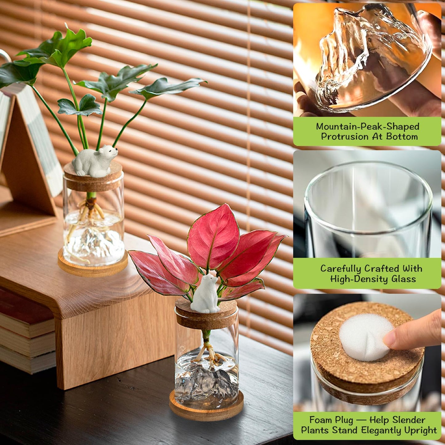 Plant Propagation Stations, 2Pcs Desktop Plants Terrarium Glass Hydroponic Vases with Bamboo Saucer, Water Plants Jars, Mountain-Shaped Bottom, Ideal Gifts for Women Mon Plant Lovers