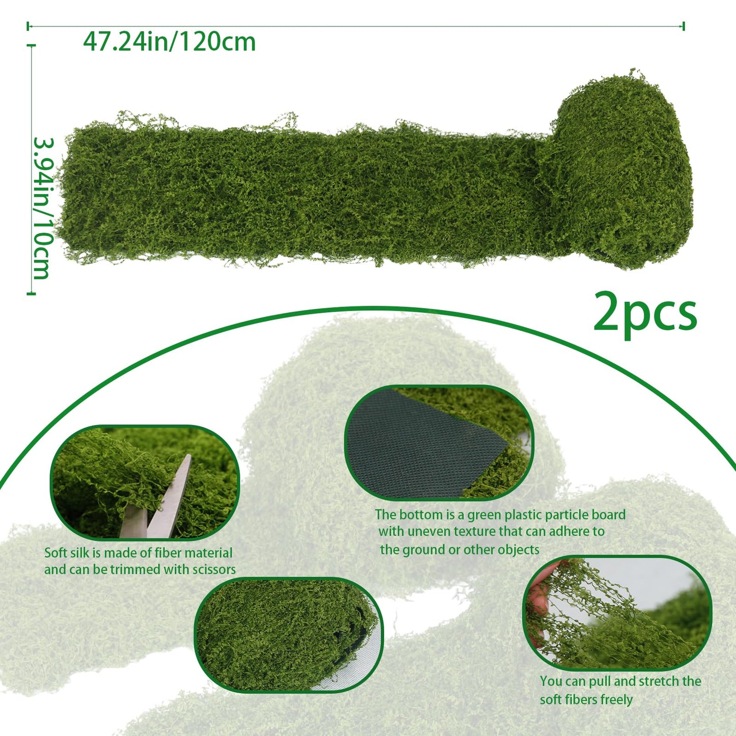 FAICOIA 2 Pcs Fake Moss Table Runner Rolls for Decoration 4" x 47" Artificial Moss for Plants Indoor Green Faux Grass for Planters Crafts DIY Table Centerpieces Fairy Garden Floral Wedding 10 x 120cm
