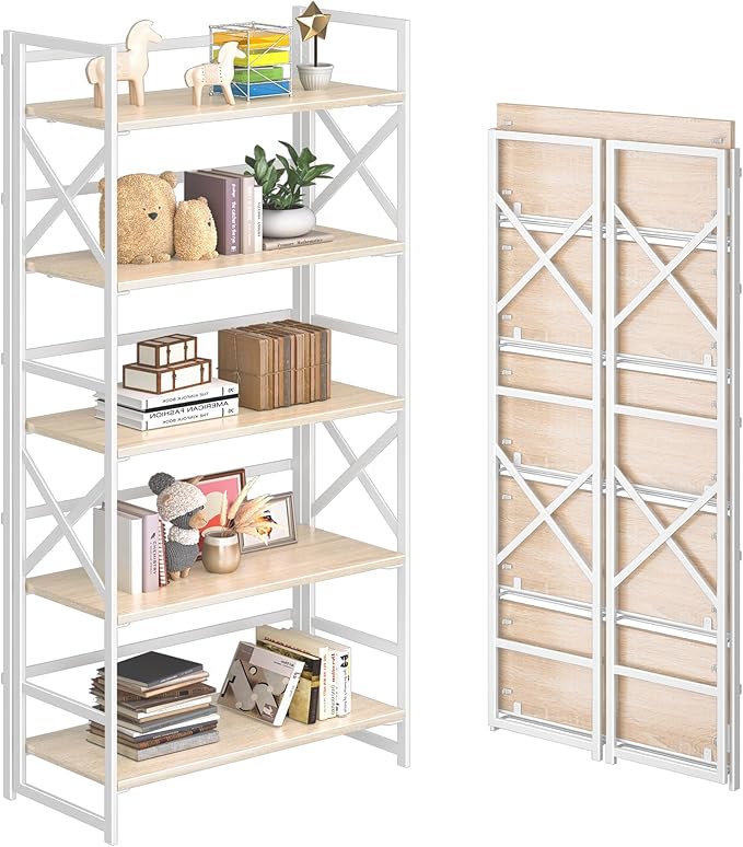 4NM 5 Tiers No Assembly Book Shelves, 51.2" H Folding Bookshelf Bookcase Open