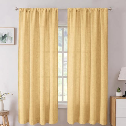 Tollpiz Short Linen Curtains Living Room Rod Pocket Semi Sheer Curtain Burlap Light Filtering Thick Linen Drapes for Bedroom, 54 x 54 inches Long, Beige, Set of 2 Panels