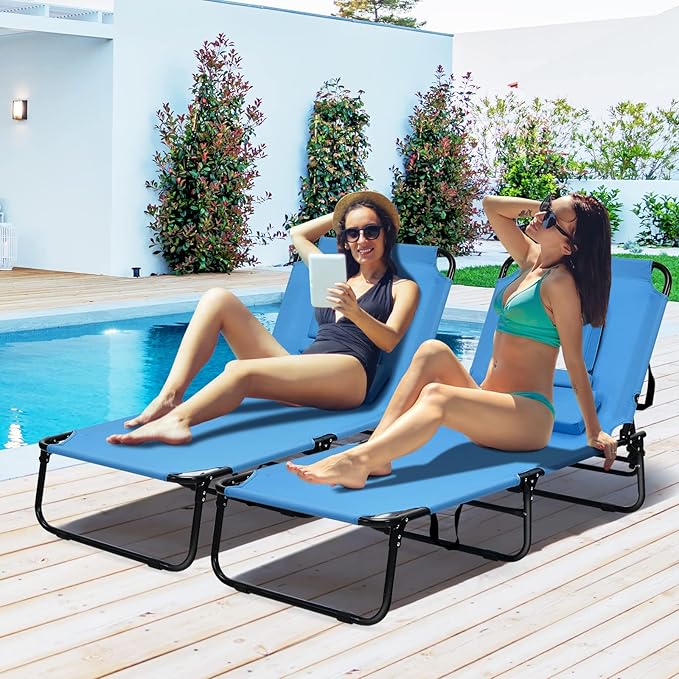 Folding Beach Lounge Chair w/ 5 Adjutable Backrest & Padded Pillow, Sunbathing