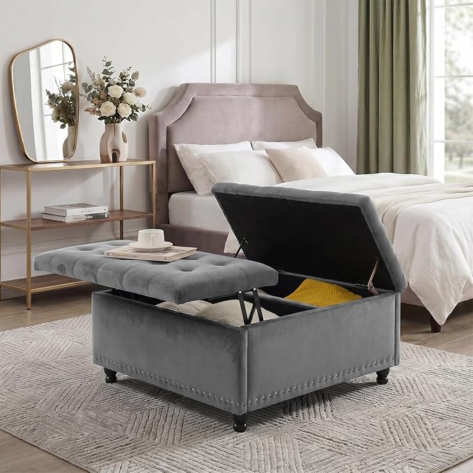 Tbfit Large Square Storage Ottoman Bench, Tufted Upholstered Coffee Table
