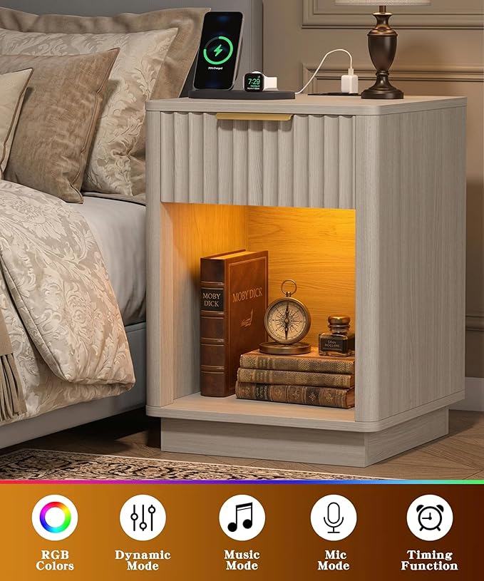Akxomel Fluted Nightstands Set of 2, Wooden Night Stand