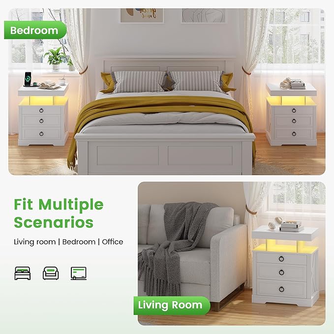 HNEBC Night Stand with Gun Drawers, Farmhouse Nightstand with Charging Station