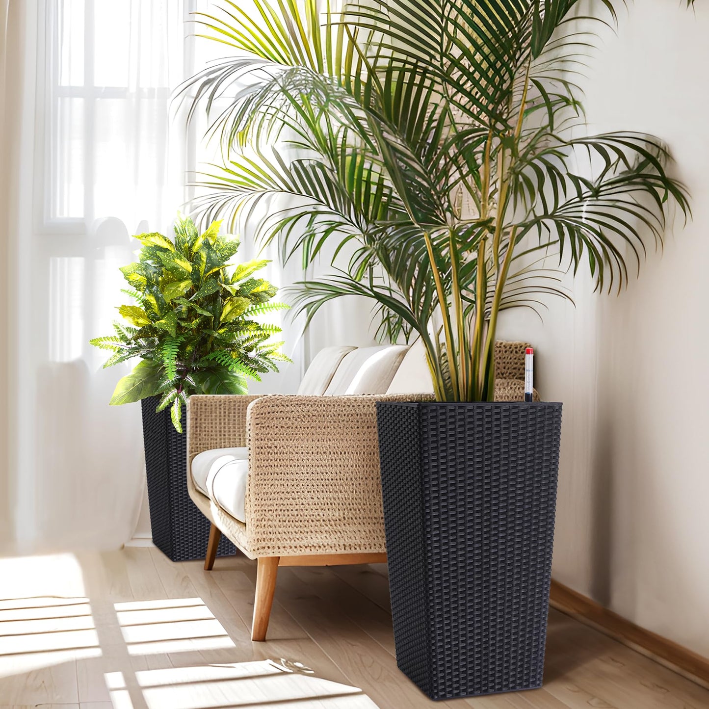 CheerAmenit 22.5 Inch Tall Planter Set of 2 Large Rattan Flower Pot with 2 Trays & a Water Level Monitor & Wheels Outdoor and Indoor for Patio, Porch, Living Room, or Home Office