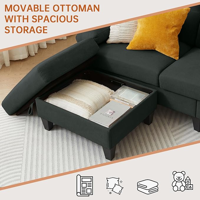 84" Convertible Sectional Sofa Set, 3 Seat L Shaped Couch