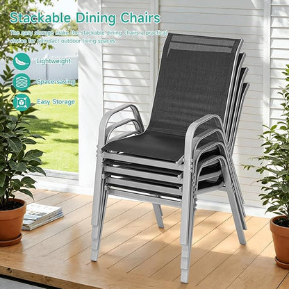 Patio Chairs Set of 4, Easily Set Up Stackable Outdoor Dining Chairs with High Back and Wide Seat, All Weather Breathable Outdoor Chairs Set of 4 with Metal Frame for Backyard Deck Pool, Black