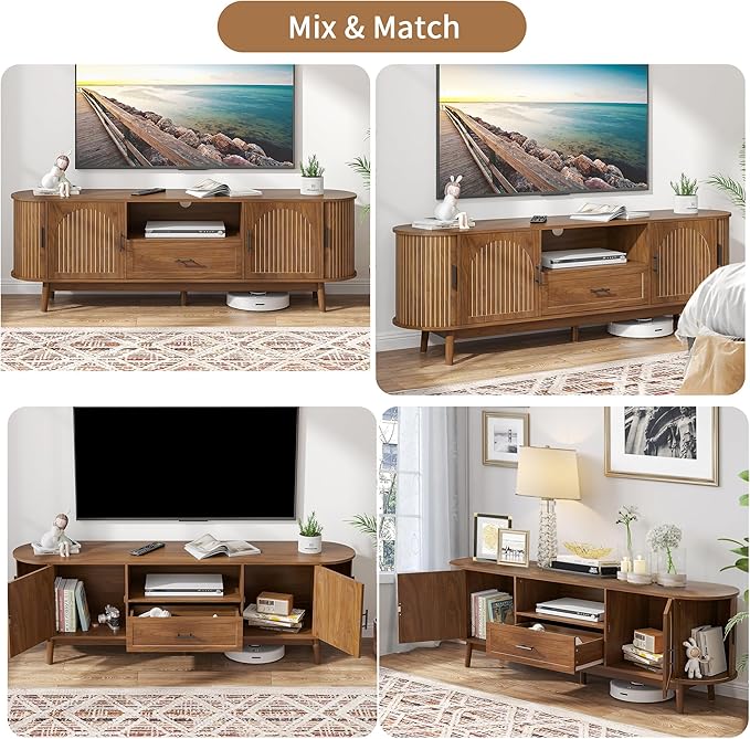 Mxtxmy 70" Fluted TV Stand for Tvs up to 80", Mid-Century Modern Entertainment