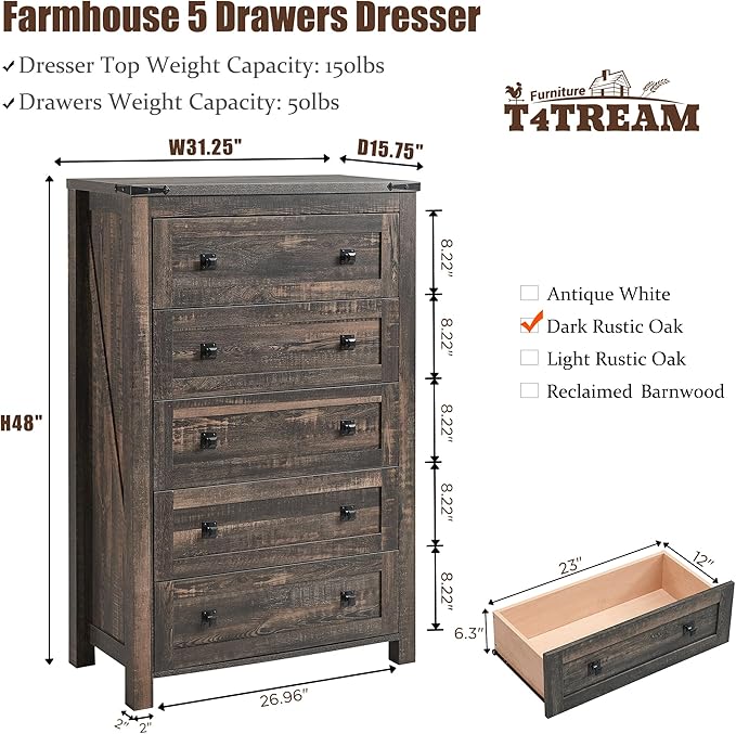 T4TREAM Farmhouse 5 Drawers Dresser Chests