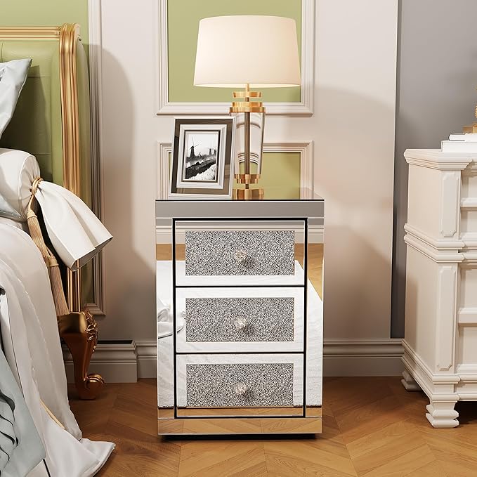 3-Drawer Mirrored Nightstand Bedside Table, Modern Mirrored End Side Table