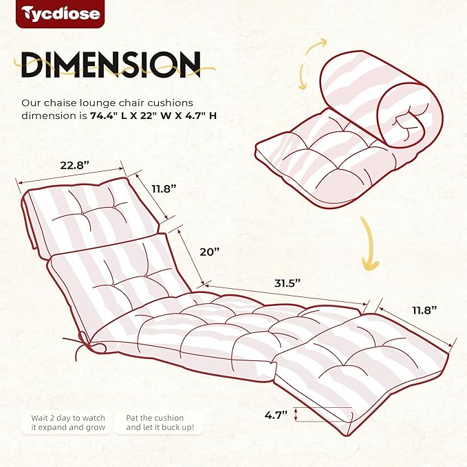Outdoor Chaise Lounge Chair Cushion Set of 4, Waterproof 74.4 x 22 x 4.7 Inches