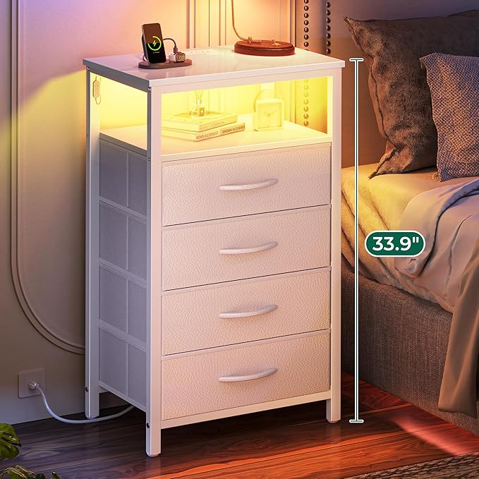 Huuger Night Stand with Charger Station and LED Lights, 4 Drawer Nightstand