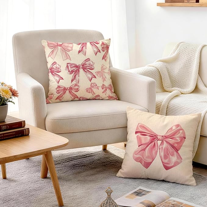 OBSEDE Cute Pink Bow Decorative Throw Pillow Covers 18 × 18 in, Couch Cushion