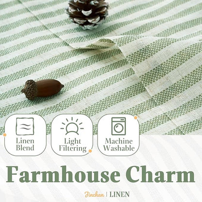 jinchan Striped Linen Kitchen Curtains with Attached Valance 24 Inch Length Cafe Tier Curtains for Living Room Rustic Half Window Light Filtering Rod Pocket Small Drapes 2 Panels Green
