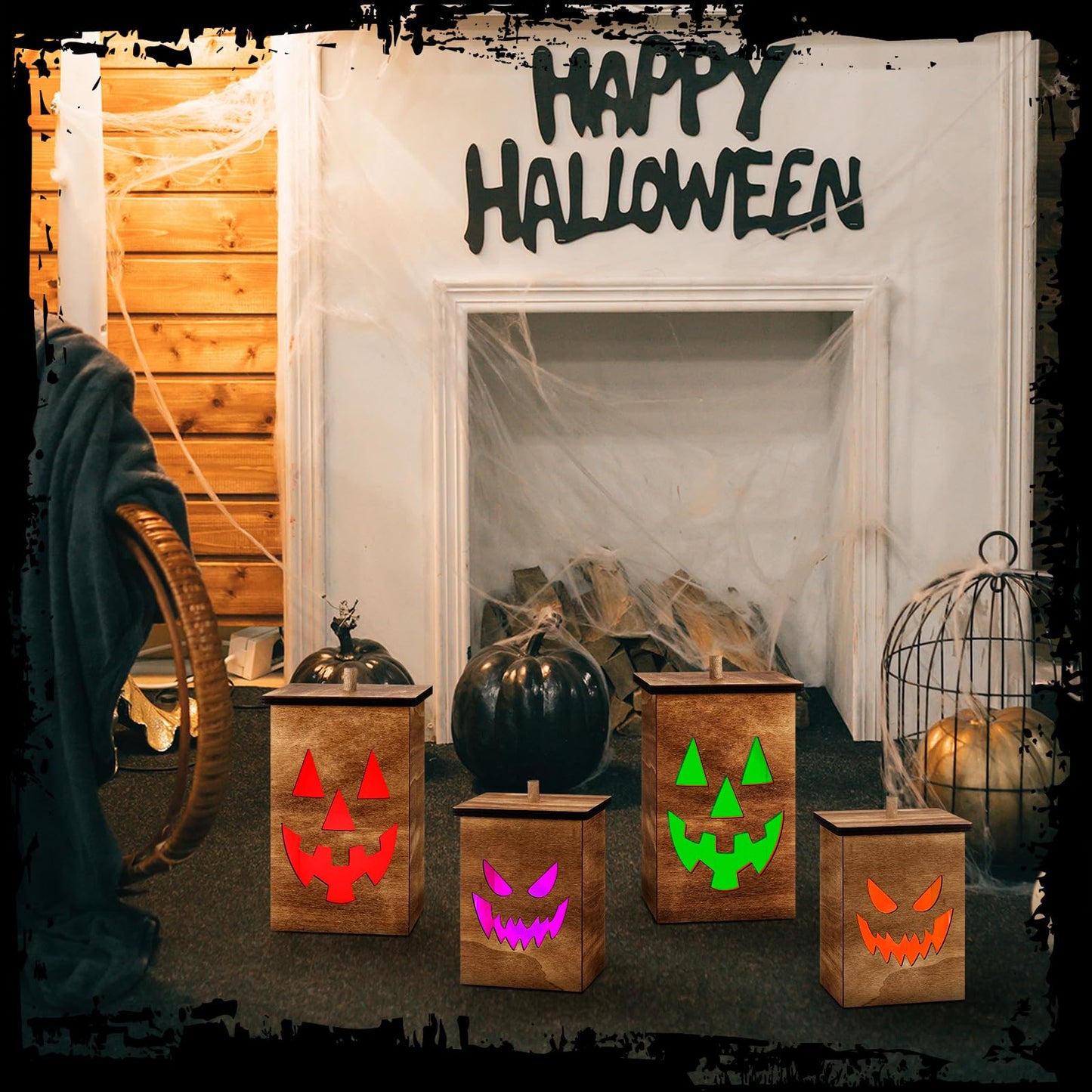 2 Pcs Wooden Jack O Lantern Pumpkins Halloween Light Up Jack O Lantern Outdoor Indoor Battery Operated Lighted Pumpkin With Spooky Face Halloween Decorations Party Favor Gift